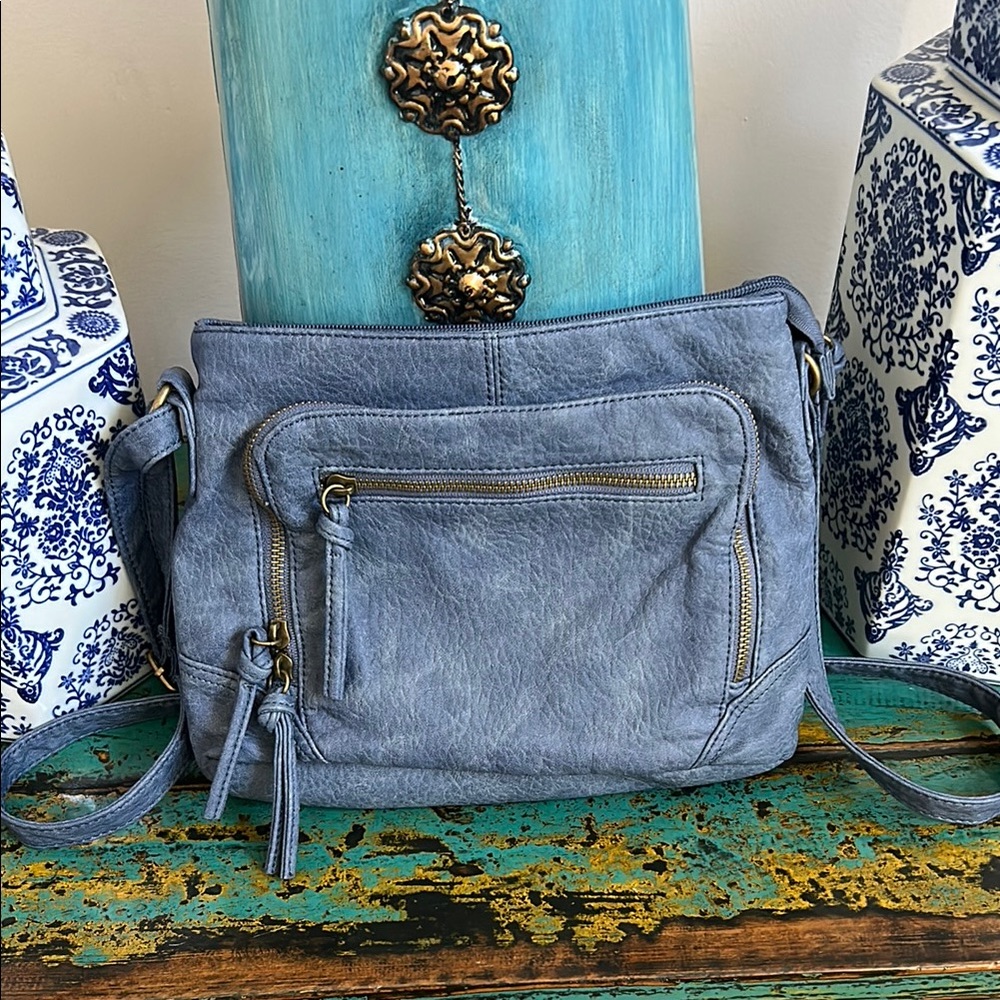 Bueno Blue Crossbody Bag with Elegant Flower Accent